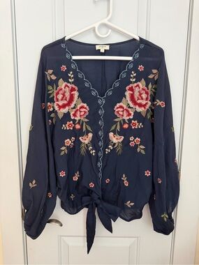 Umgee Navy Floral Embroidered Tie-Front Top